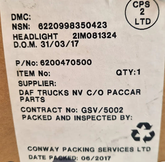 6220-99-835-0423 - Headlamp - Halogen - right hand drive - 6220470500 - 1407-P - Daf - Foden Paccar Parts battlegroup-raydon